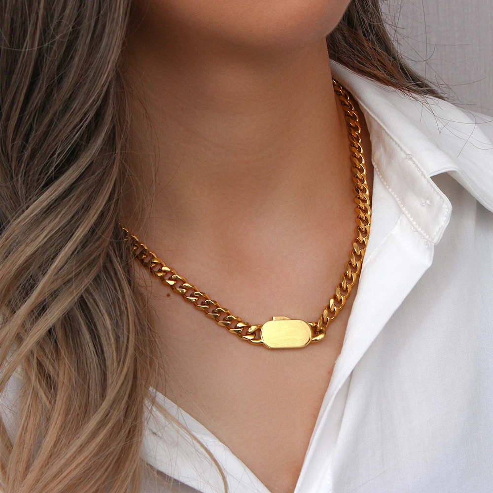 Trendy Minimalist Fine Polished Stainless Steel Jewelry Set Women's 18K Gold Plated Chunky Cuban Chain Necklace Bracelet