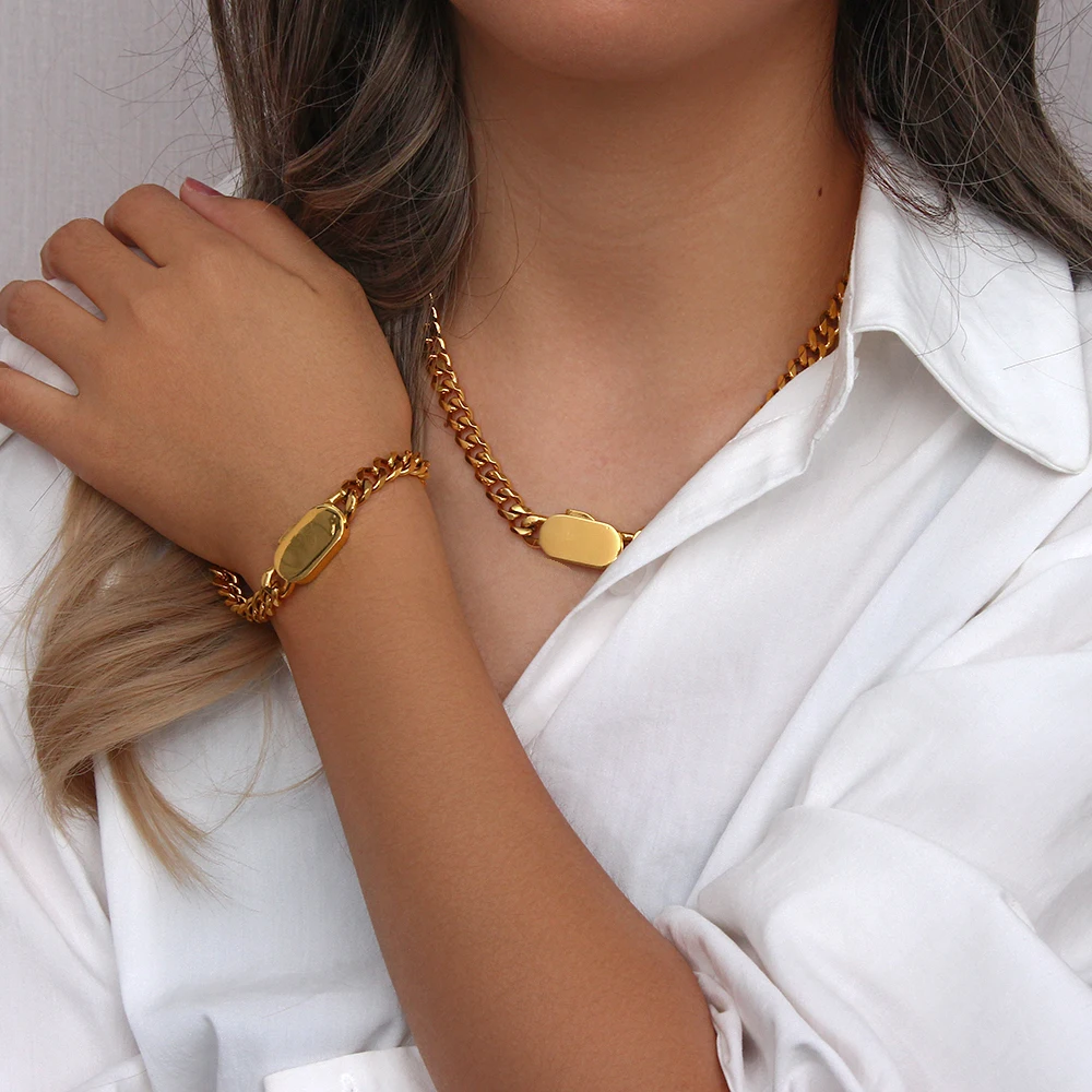 Trendy Minimalist Fine Polished Stainless Steel Jewelry Set Women's 18K Gold Plated Chunky Cuban Chain Necklace Bracelet