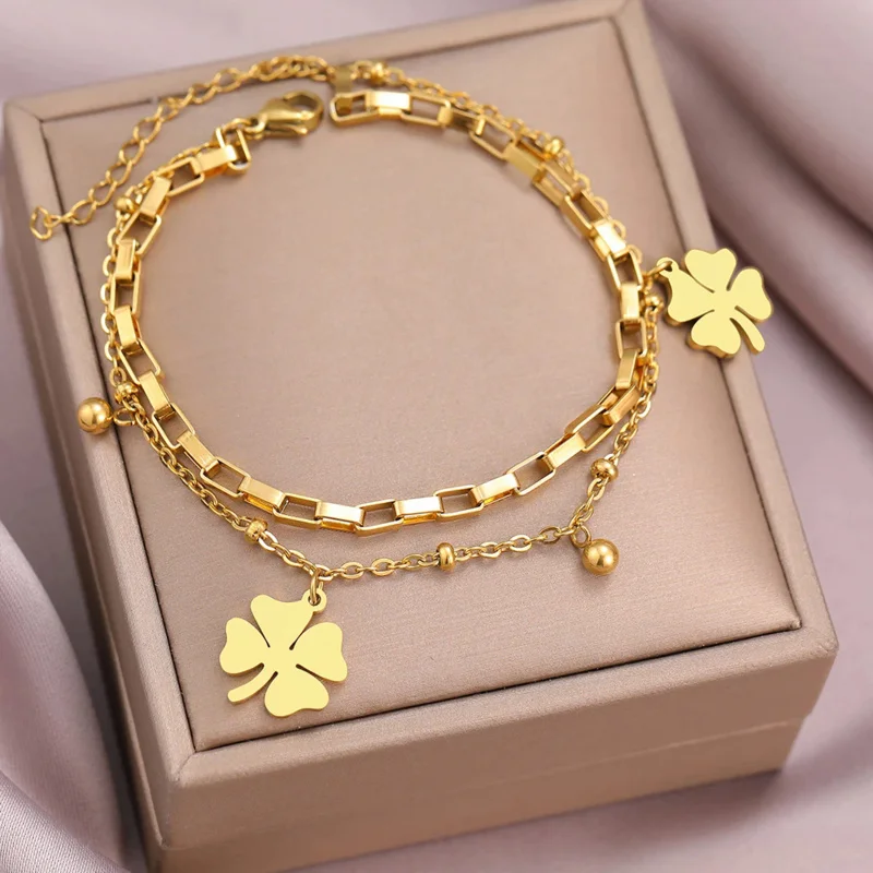 Stainless Steel Bracelets Trendy Fine Bell Clovers Pendant Beads Layer Chain Fashion Bracelet For Women Jewelry TSB22712