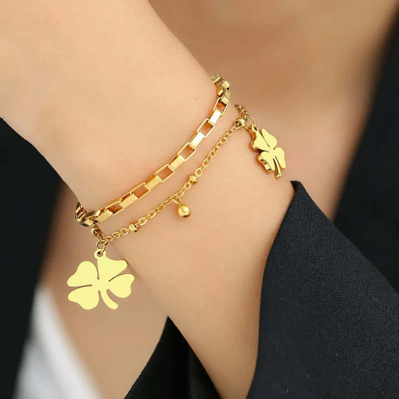 Stainless Steel Bracelets Trendy Fine Bell Clovers Pendant Beads Layer Chain Fashion Bracelet For Women Jewelry TSB22712