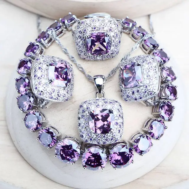 Purple Zirconia Women Bridal Jewelry Sets Silver 925 Fine Costume Jewellery Wedding Earrings Rings Bracelets Pendant Necklace
