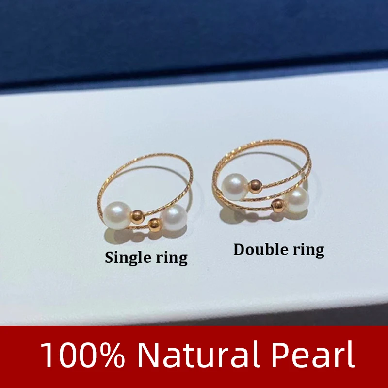 NYMPH Real 18K Gold  Ring  Fine Jewelry  AU750 Simple Adjustable Double Pearls For Birthday Party Women's Gift Elastic J363