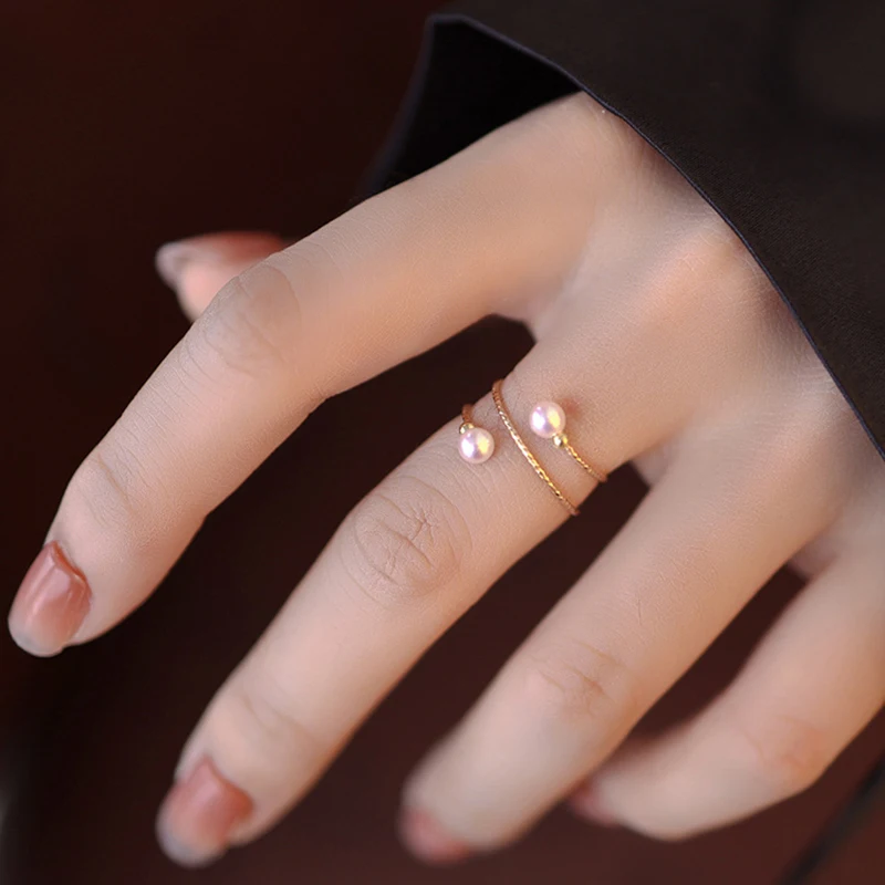 NYMPH Real 18K Gold  Ring  Fine Jewelry  AU750 Simple Adjustable Double Pearls For Birthday Party Women's Gift Elastic J363