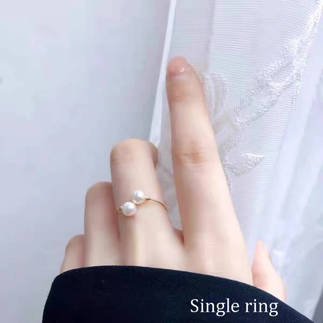 NYMPH Real 18K Gold  Ring  Fine Jewelry  AU750 Simple Adjustable Double Pearls For Birthday Party Women's Gift Elastic J363