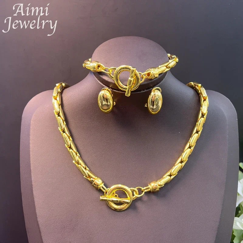 Dubai Luxury 14K Gold Plated Copper Jewelry Set for Women Necklace Earrings Bracelet Jewellry Nigerian Sets Party Wedding Gift