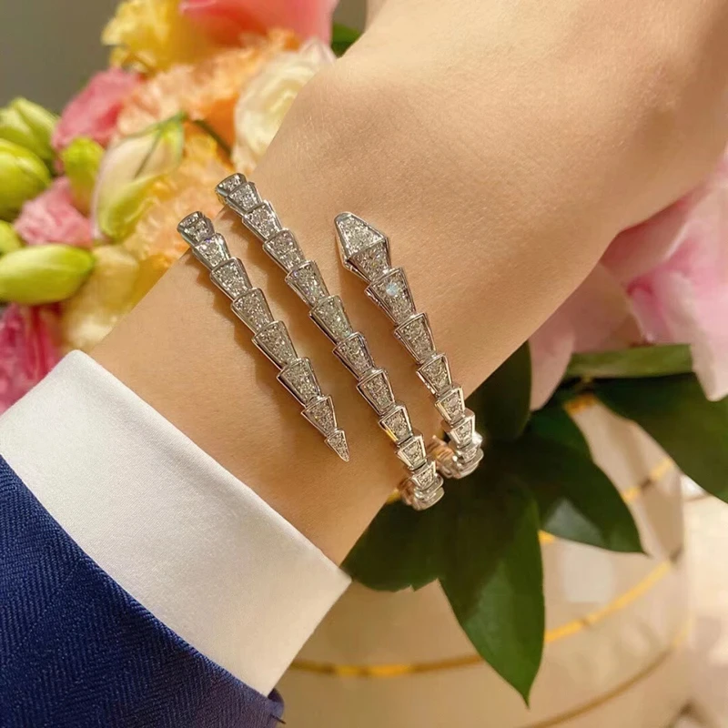 Women's European High-end Jewelry 925 Sterling Silver Zircon Double Ring Snake Bone Bracelet Fashion Luxury Brand Holiday Gift