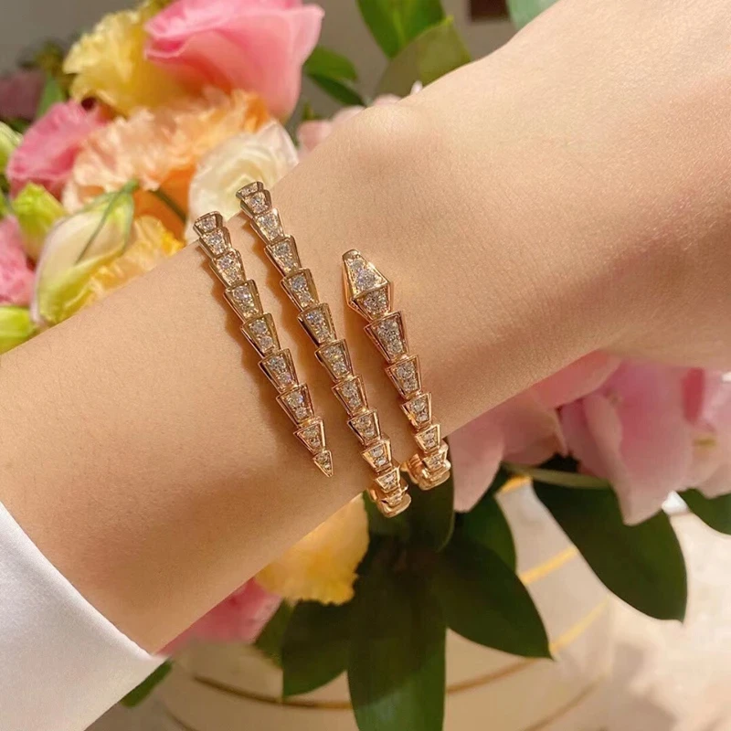 Women's European High-end Jewelry 925 Sterling Silver Zircon Double Ring Snake Bone Bracelet Fashion Luxury Brand Holiday Gift