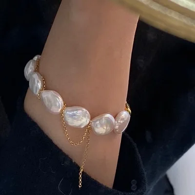14K Gold Filled Real Baroque Pearl Chain Bracelet Women Jewelry Party T Show Runway Rare  Grown Japan South Korea INS