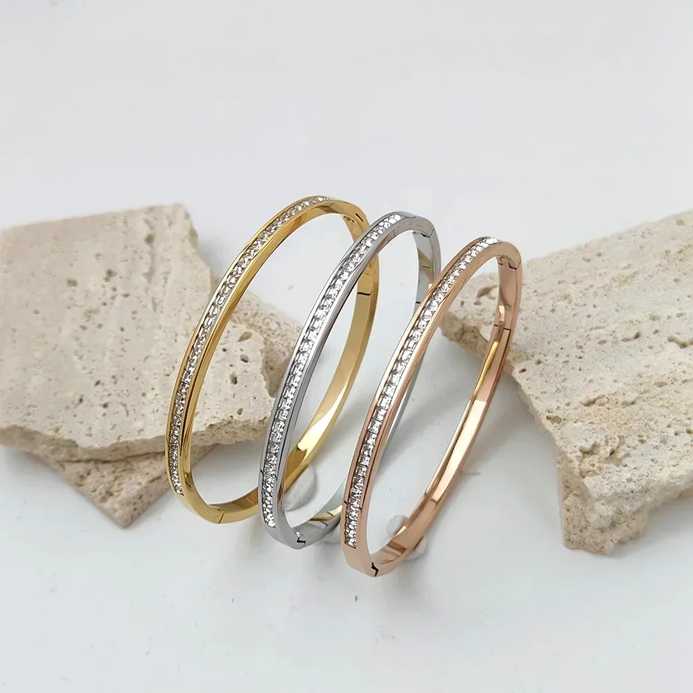 Zircon Bangles for Women Simple Elegant Ladies Jewelry Stainless Steel Gold Silver Bracelets Accessories Gifts Wholesale Direct