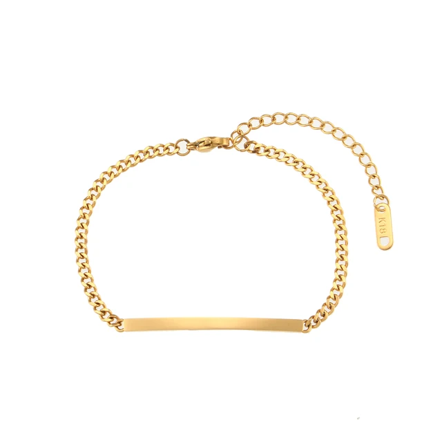 E.B.belle Polished Bar Plate Charm Cuban Chain Bracelet Bangles For Women 18K Gold Plated  Stainless Steel Jewerly For Women