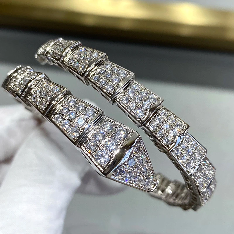 European classic 925 sterling silver full diamond snake bone bracelet Ladies personality trend luxury brand jewelry party gift