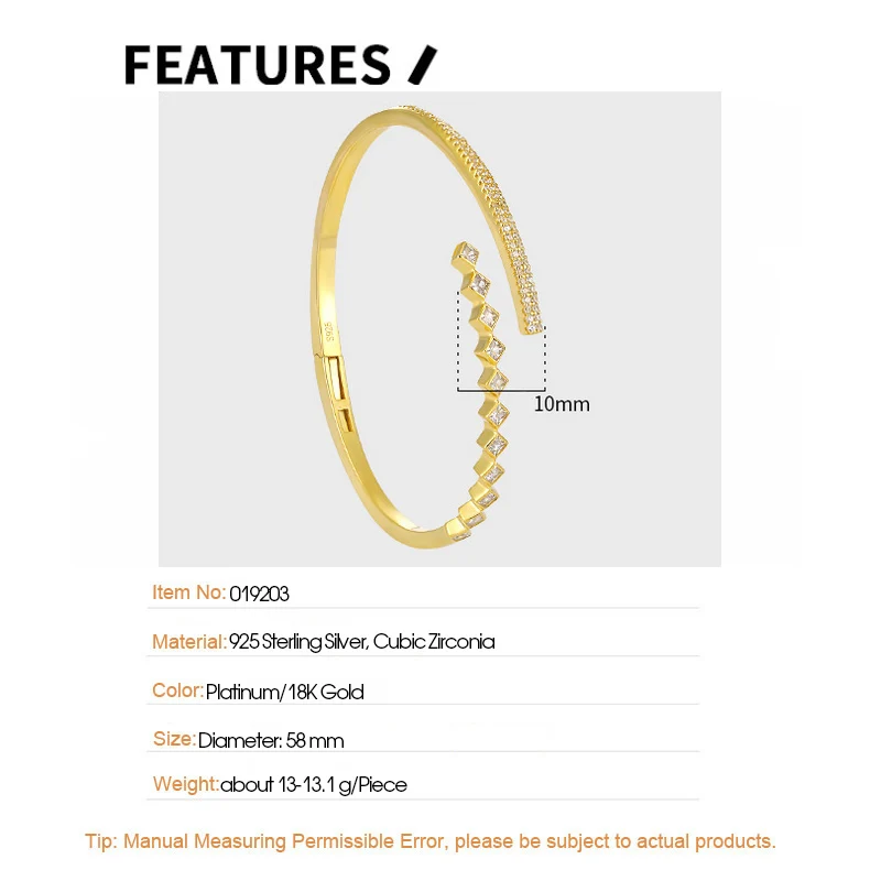 F.I.N.S Exaggerated S925 Sterling Silver Gold Open Adjustable Bangles for Women Geometric Cubic Zirconia Bracelet Fine Jewelry