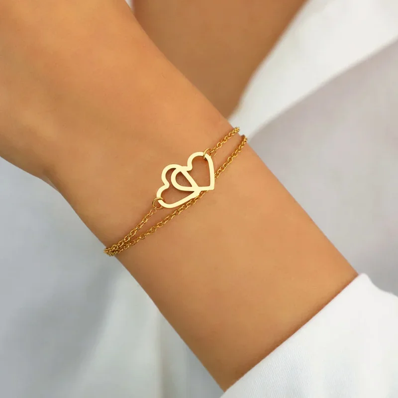 hoop Bracelets Exquisite Double Hollow Heart Pendant  Korean Fashion  Senior Bracelet For Women Jewelry Fine Gifts LL330