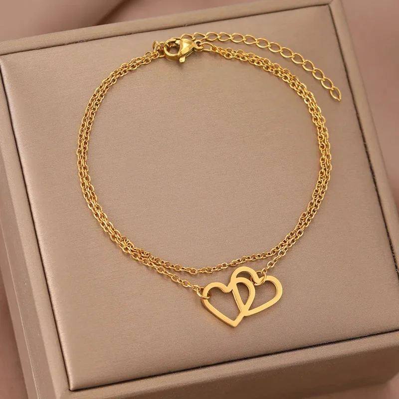 hoop Bracelets Exquisite Double Hollow Heart Pendant  Korean Fashion  Senior Bracelet For Women Jewelry Fine Gifts LL330