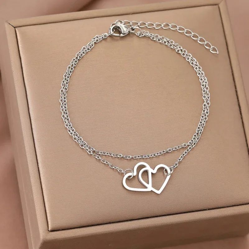 hoop Bracelets Exquisite Double Hollow Heart Pendant  Korean Fashion  Senior Bracelet For Women Jewelry Fine Gifts LL330