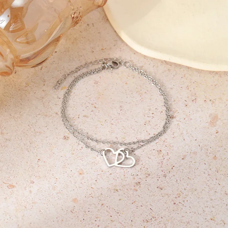 hoop Bracelets Exquisite Double Hollow Heart Pendant  Korean Fashion  Senior Bracelet For Women Jewelry Fine Gifts LL330