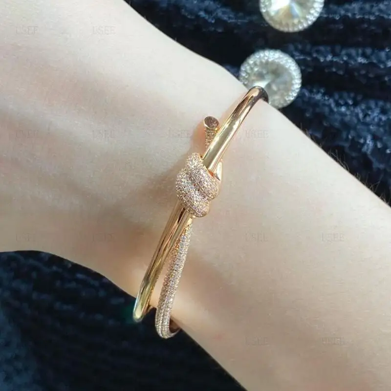 Women Luxury Brand High-quality Jewelry High-end Fashion Full Of Diamonds Rose Gold Rope Knot Bracelet