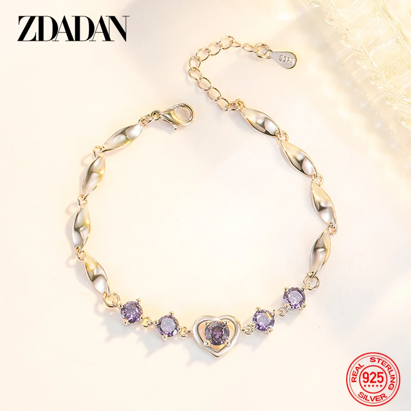 ZDADAN 925 Silver Heart Amethyst Bracelets Chain For Women Fashion Wedding Jewelry