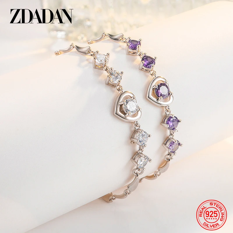 ZDADAN 925 Silver Heart Amethyst Bracelets Chain For Women Fashion Wedding Jewelry