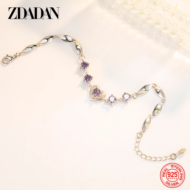 ZDADAN 925 Silver Heart Amethyst Bracelets Chain For Women Fashion Wedding Jewelry