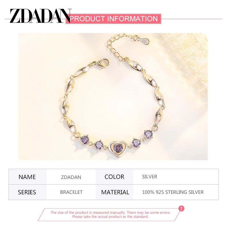 ZDADAN 925 Silver Heart Amethyst Bracelets Chain For Women Fashion Wedding Jewelry