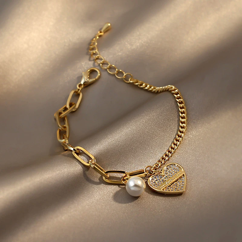 Trendy Design 14K Real Gold Love Heart Shaped Pearl Pendant Bracelet for Women Girl Accessories Temperament Jewelry AAA Zircon