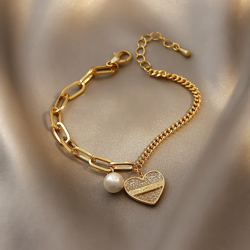 Trendy Design 14K Real Gold Love Heart Shaped Pearl Pendant Bracelet for Women Girl Accessories Temperament Jewelry AAA Zircon