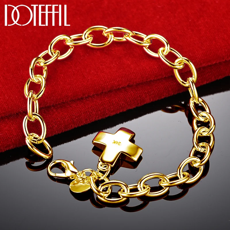 DOTEFFIL 925 Sterling Silver 24K Gold Solid Cross Pendant Bracelet For Woman Man Charm Wedding Engagement Party Fashion Jewelry