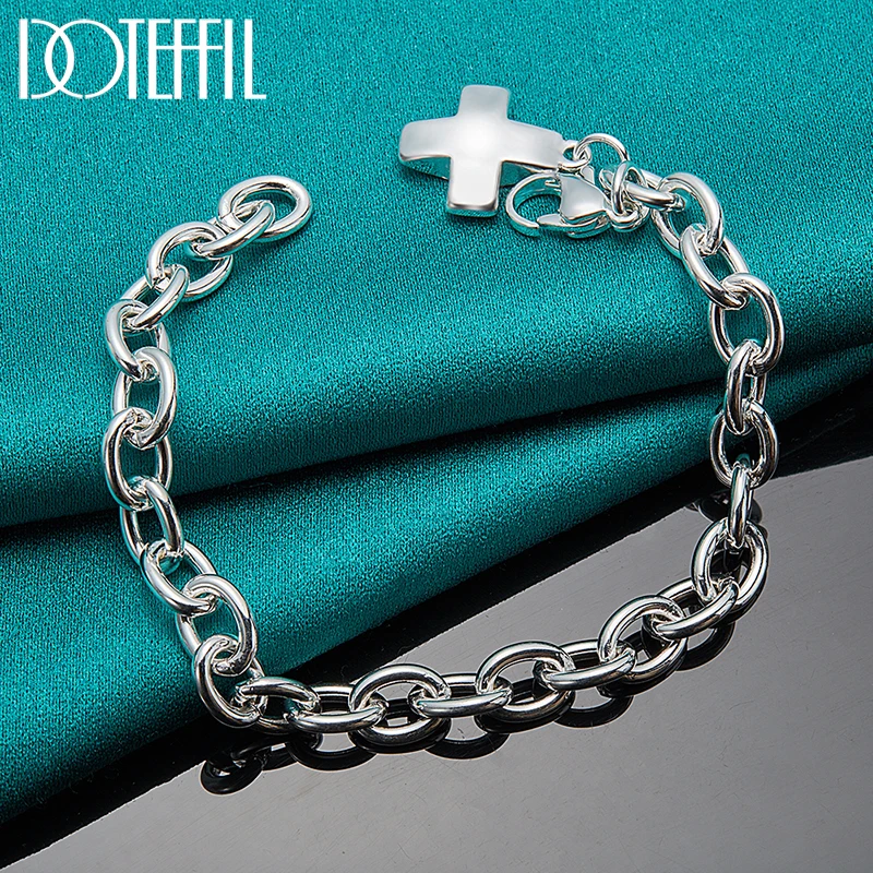 DOTEFFIL 925 Sterling Silver 24K Gold Solid Cross Pendant Bracelet For Woman Man Charm Wedding Engagement Party Fashion Jewelry