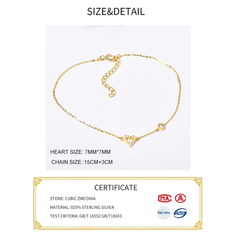 INZATT Real 925 Sterling Silver Zircon Heart Chain 14K Gold Charm Bracelet For Women Cute Fine Jewelry Minimalist Accessories