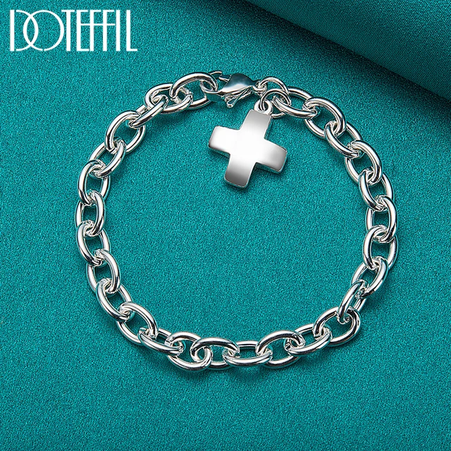 DOTEFFIL 925 Sterling Silver 24K Gold Solid Cross Pendant Bracelet For Woman Man Charm Wedding Engagement Party Fashion Jewelry