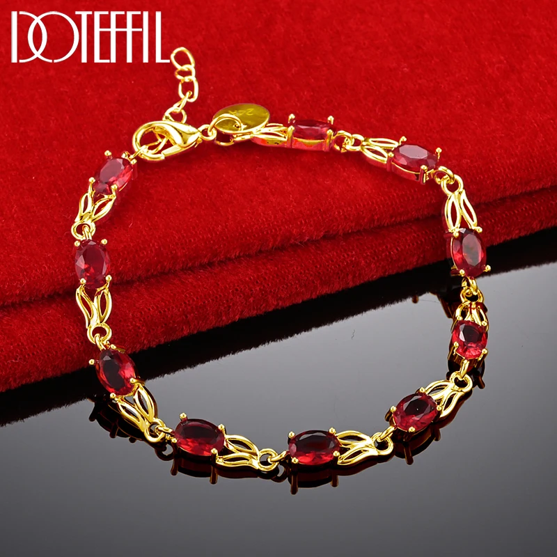 DOTEFFIL 24K Gold Charm Red AAA Zircon Bracelet Chain For Women Wedding Engagement Party Fashion Jewelry