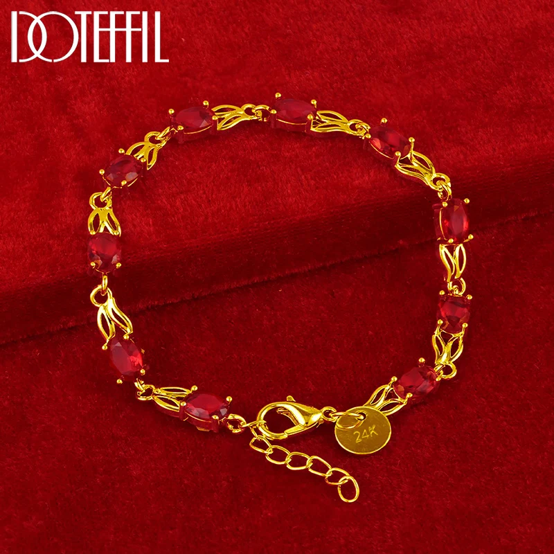 DOTEFFIL 24K Gold Charm Red AAA Zircon Bracelet Chain For Women Wedding Engagement Party Fashion Jewelry