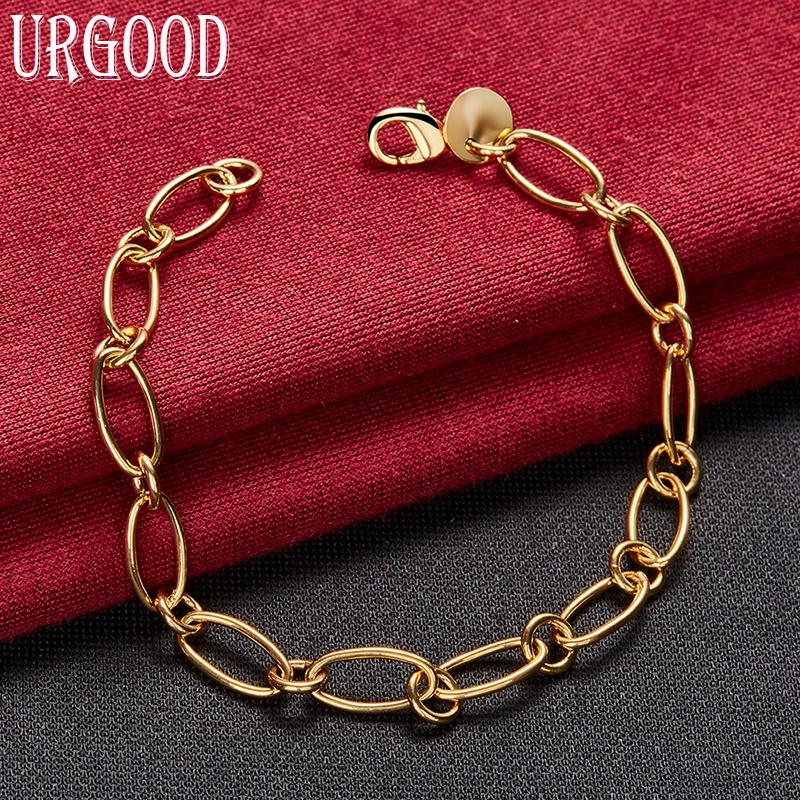 925 Sterling Silver 8 Inch 18k Gold Charm Oval Bracelet Fashion Party Woman Gift Wedding Jewelry