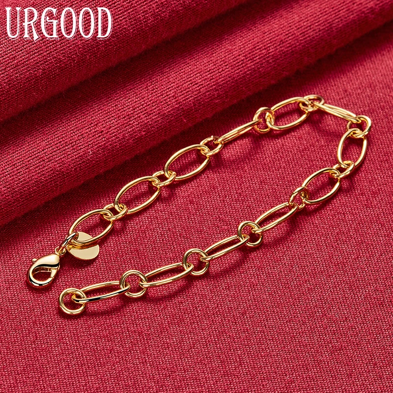 925 Sterling Silver 8 Inch 18k Gold Charm Oval Bracelet Fashion Party Woman Gift Wedding Jewelry