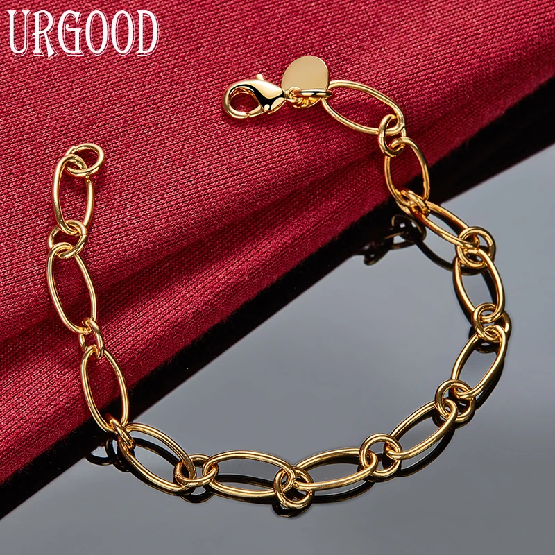 925 Sterling Silver 8 Inch 18k Gold Charm Oval Bracelet Fashion Party Woman Gift Wedding Jewelry