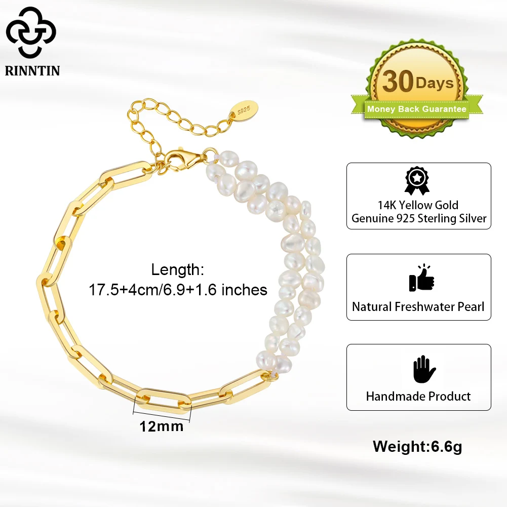Rinntin Handmade 925 Sterling Silver Paperclip Chains with Natural Pearl Double Strand Bracelet for Women Fashion Jewelry GPB04