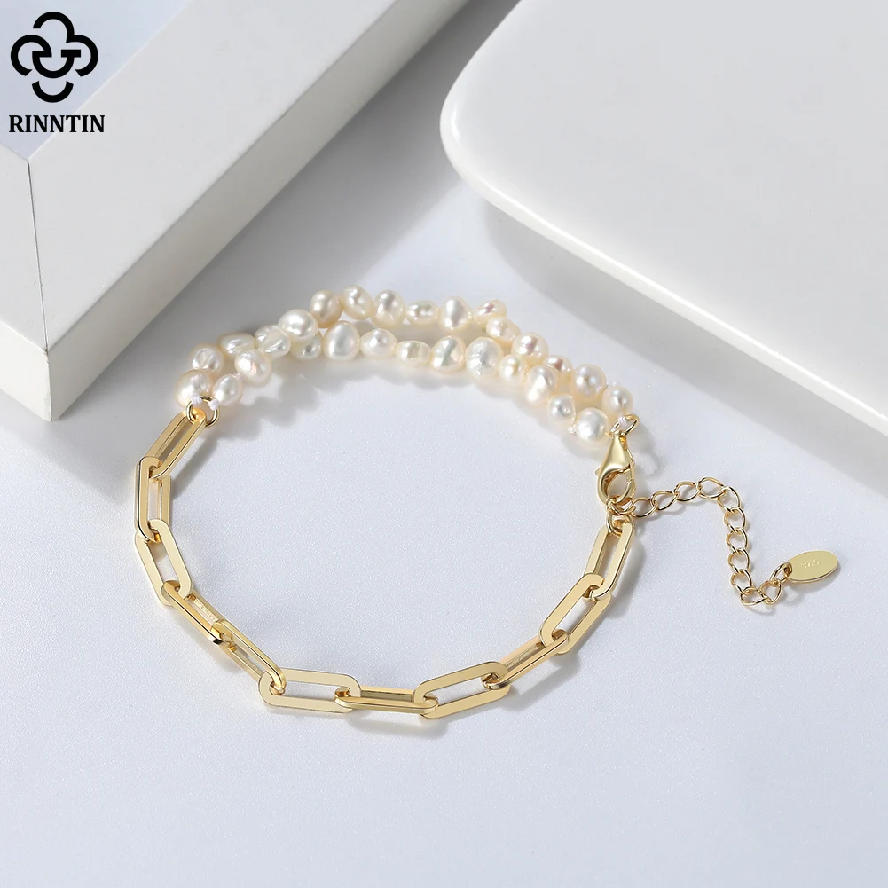 Rinntin Handmade 925 Sterling Silver Paperclip Chains with Natural Pearl Double Strand Bracelet for Women Fashion Jewelry GPB04