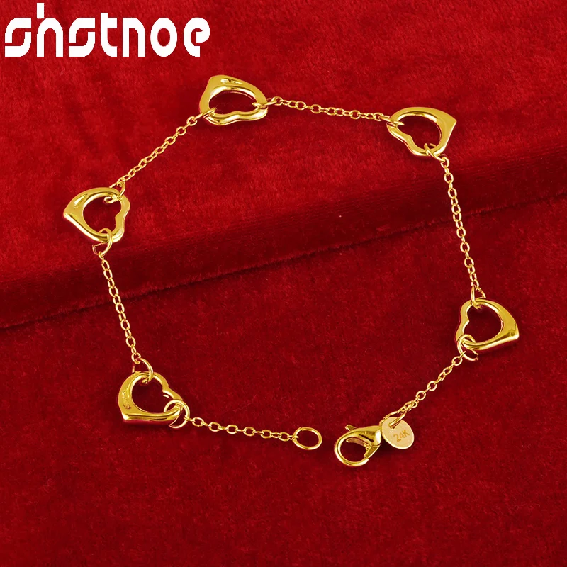 SHSTONE 24K Gold Five Hearts Pendant Chain Bracelets For Woman Fashion Party Wedding Engagement Charm Jewelry Christmas Gift