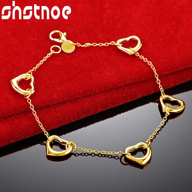 SHSTONE 24K Gold Five Hearts Pendant Chain Bracelets For Woman Fashion Party Wedding Engagement Charm Jewelry Christmas Gift