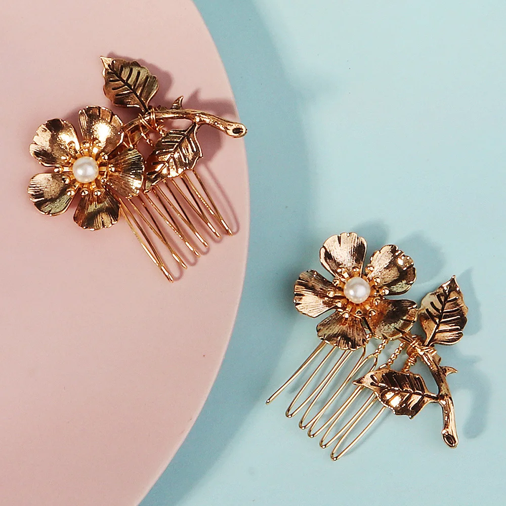 Antique Gold Color Metal Flower Leaf Hair Comb Clips for Women Accessories Hair Jewelry Headpiece Party Headwear