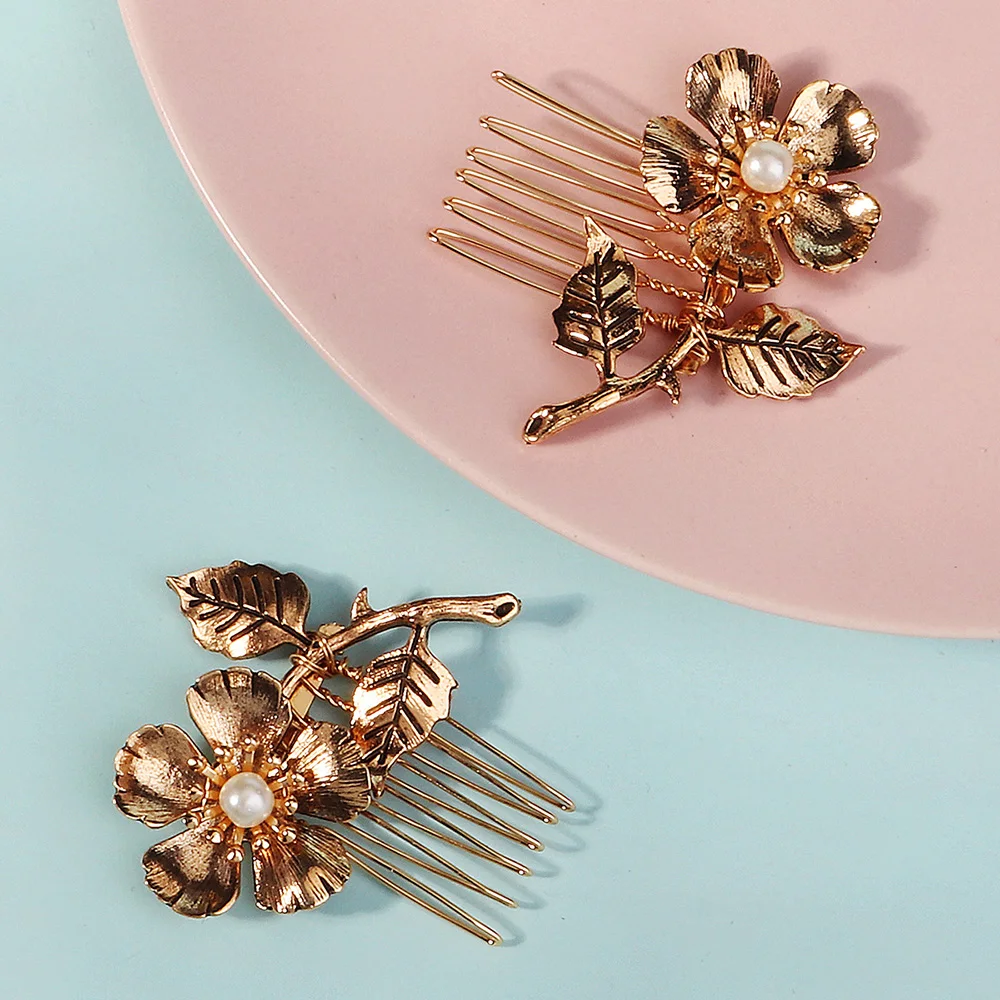 Antique Gold Color Metal Flower Leaf Hair Comb Clips for Women Accessories Hair Jewelry Headpiece Party Headwear