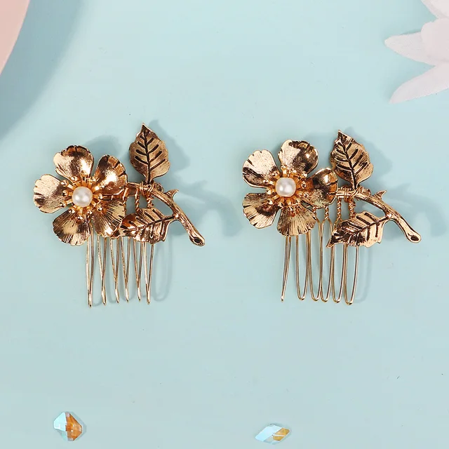 Antique Gold Color Metal Flower Leaf Hair Comb Clips for Women Accessories Hair Jewelry Headpiece Party Headwear