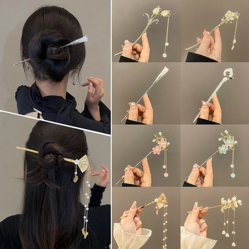 Retro Chinese Style Hair Clip Crystal Long Tassel Flower Step Shake Hairpin Sticks Bride Noiva Wedding Party Hair Accessories
