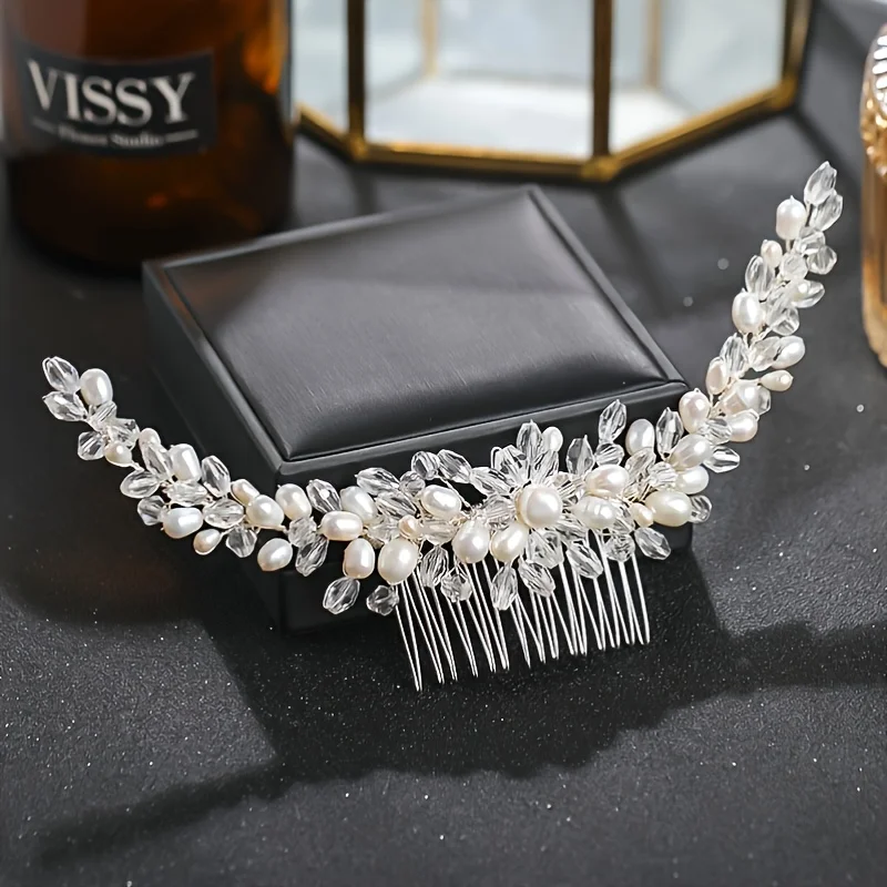 Silver Color Luxury Pearl Crystal Hair Comb Hairpin Headband Tiara For Women Bride Bridal Wedding Hair Accessories Jewelry Comb