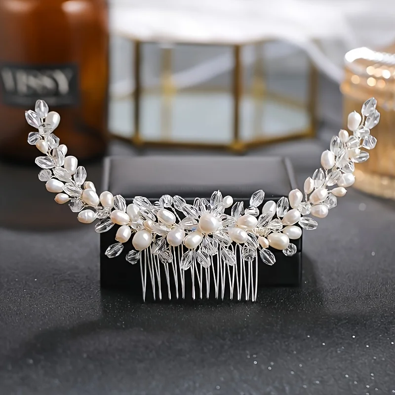 Silver Color Luxury Pearl Crystal Hair Comb Hairpin Headband Tiara For Women Bride Bridal Wedding Hair Accessories Jewelry Comb