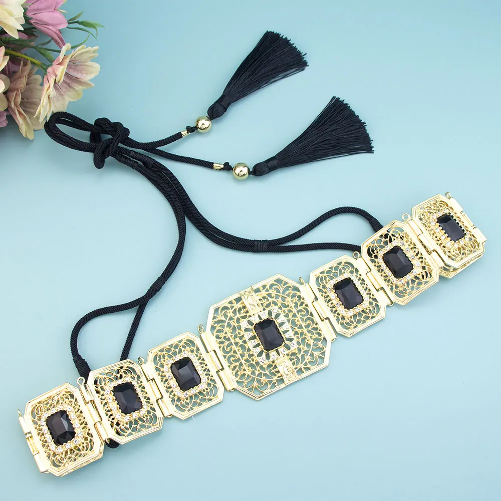 Sunspicems Fashion Morocco Women Rope Belt Gold Color Arabic Caftan Waist Chain Belt Square Crystal Metal Bridal Wedding Jewelry