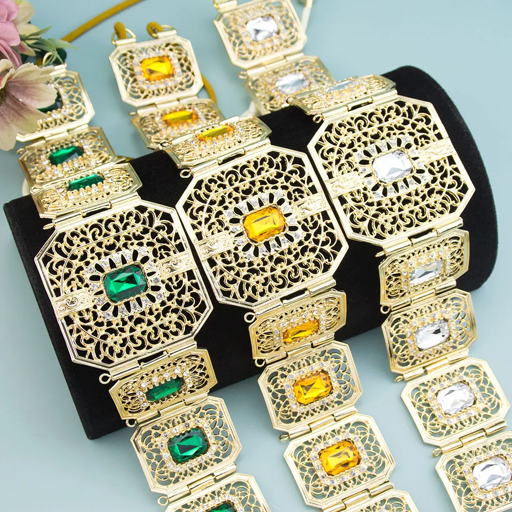 Sunspicems Fashion Morocco Women Rope Belt Gold Color Arabic Caftan Waist Chain Belt Square Crystal Metal Bridal Wedding Jewelry