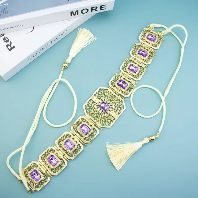 Sunspicems Fashion Morocco Women Rope Belt Gold Color Arabic Caftan Waist Chain Belt Square Crystal Metal Bridal Wedding Jewelry