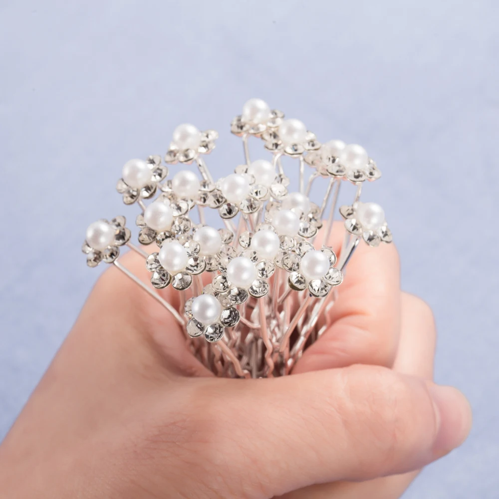 20Pcs Fashion Wedding Bridal Pearl Flower Clear Crystal Rhinestone Hair Pins Clips Bridesmaid Hairwear Jewelry Hair Accessories